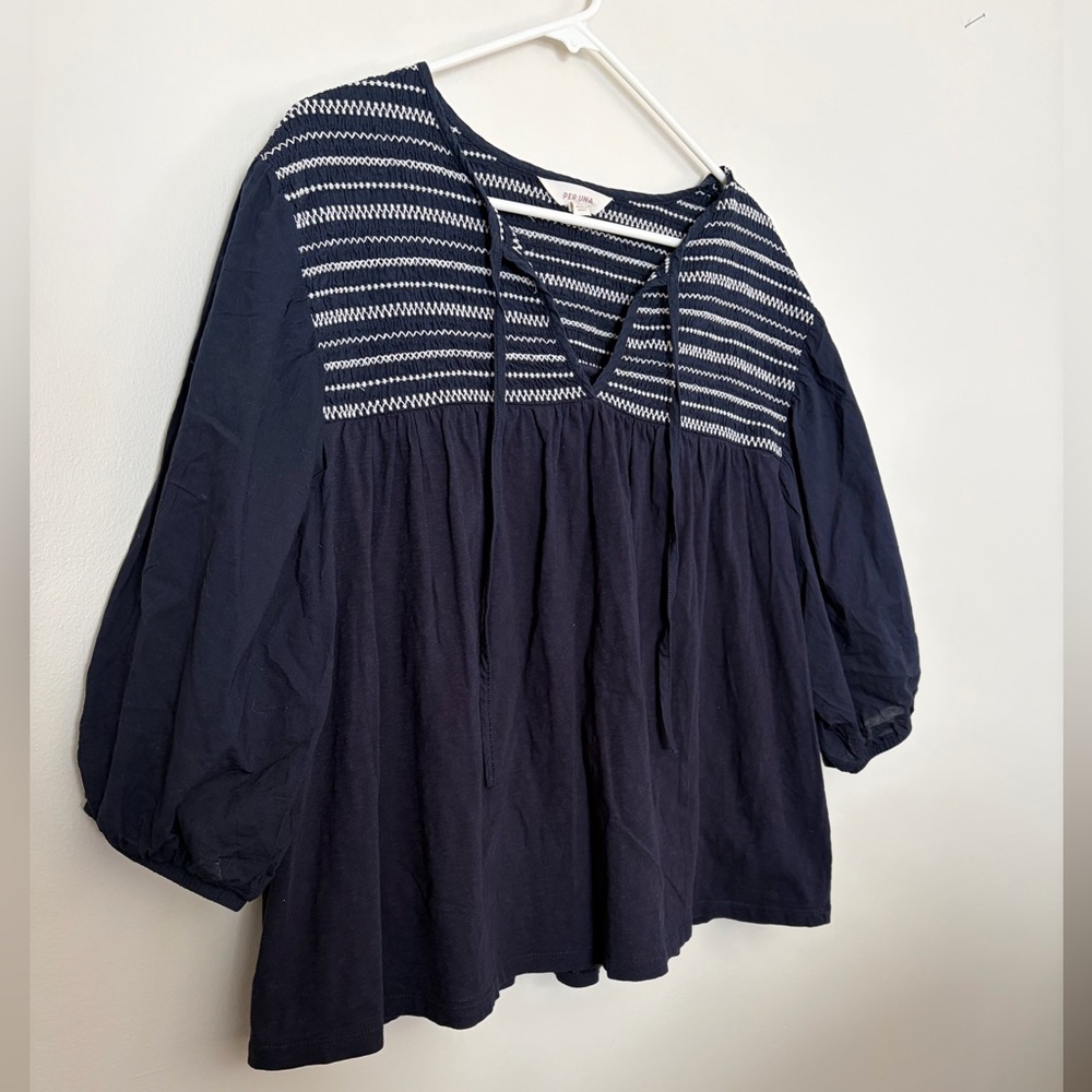 100% Cotton Boho Navy Smocked Blouse with White Embroidery & Tassels